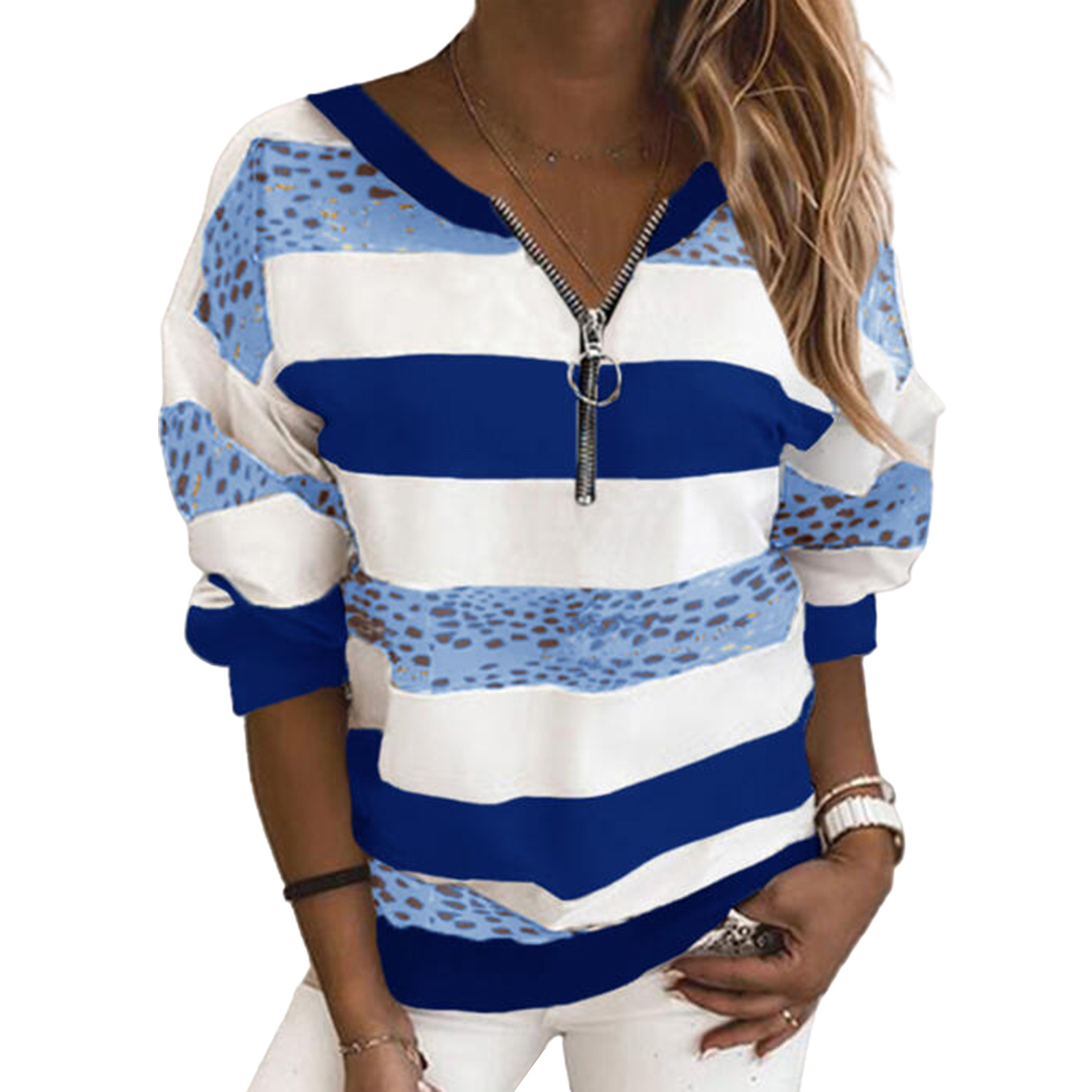new V-neck casual striped print sweater nihaostyle clothing wholesale NSYF68090