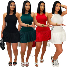 CY901755欧美亚马逊外贸新款 性感无袖圆领百褶裙短裙 时尚休闲裙