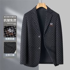 秋冬新款格子西装外套男士商务单件休闲毛呢潮流西服冬款加厚修身