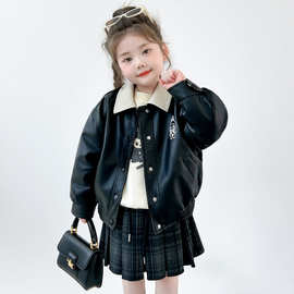 女小童皮衣三件套儿童秋冬百褶裙套装女童韩版卡通卫衣洋气黑色