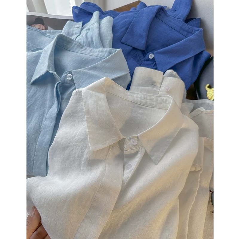 100 Linen! 1996+! Plant-Dyed Simple Elegant Basic Pure Color Loose Long-Sleeved Shirt Top for Women Spring