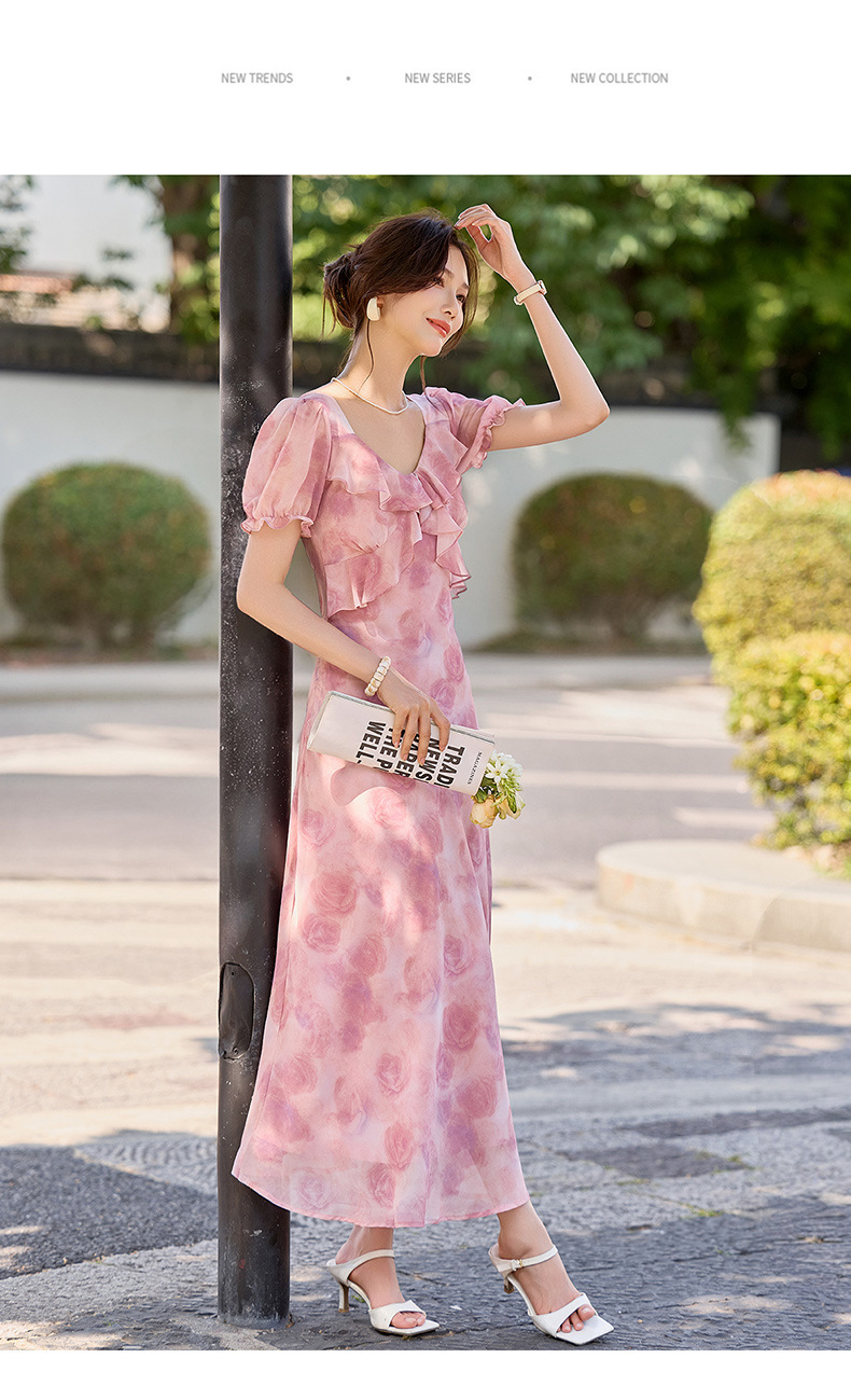 Đầm maxi nữ thắt eo in họa tiết hoa mùa hè tay ngắn — màu tím, Màu hồng chi tiết 19