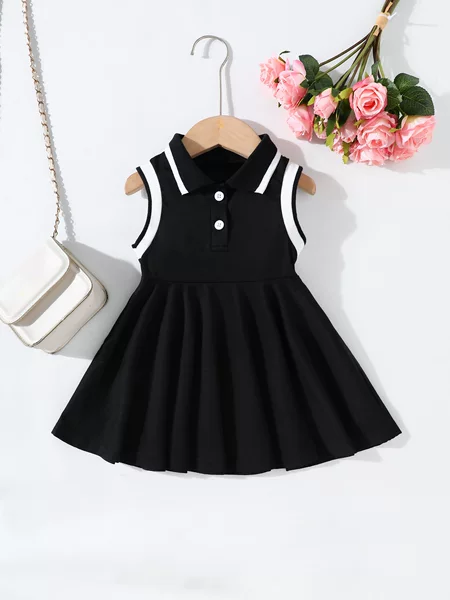 New Summer Style Black Sleeveless Ribbed Button Dress for Baby Girls, Cross-Border A-Line Dress Wholesale, Cute