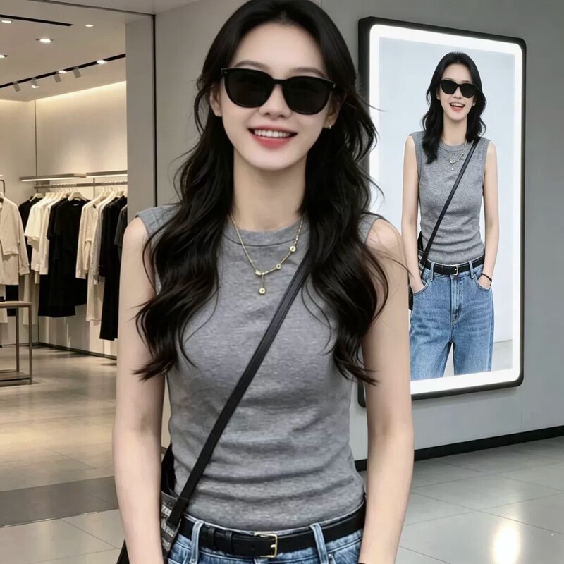 American-style round-neck sleeveless tank top for women, 2026 spring/summer new model, slim-fit, versatile, suitable for outerwear, slimming, short inner top American-style round-neck sleeveless tank top for women, 2026 spring/summer new model, slim-fit, versatile, suitable for outerwear, slimming, short inner top