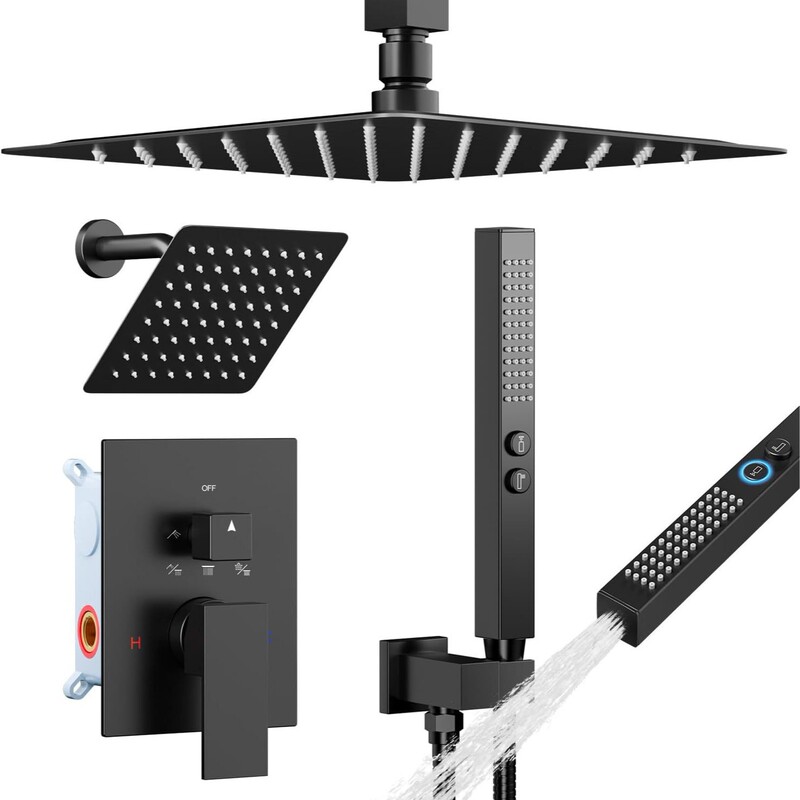 Matte Black Shower Faucet Set Shower System, 12inch + 6inch Wall-Mounted Shower Head with Handheld Spray Matte Black Shower Faucet Set Shower System, 12inch + 6inch Wall-Mounted Shower Head with Handheld Spray