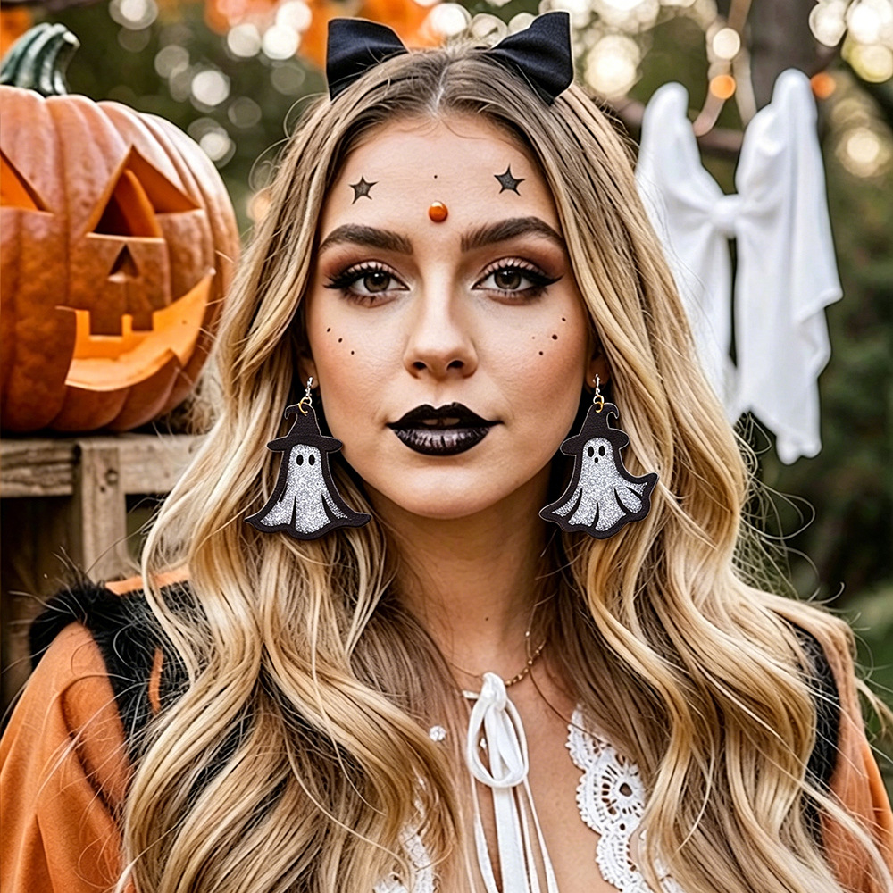 Pendientes de madera transfronterizos de Halloween polvo brillante de gato pendientes fantasma de fiesta de maquillaje decoración oscura aretes de viento