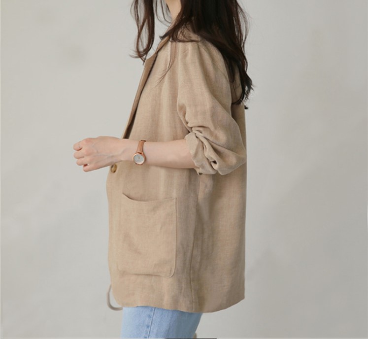 2026 Spring/Summer Korean New Herringbone Linen Loose Simple Women's Long Sleeve Casual Blazer_ecoleips.com