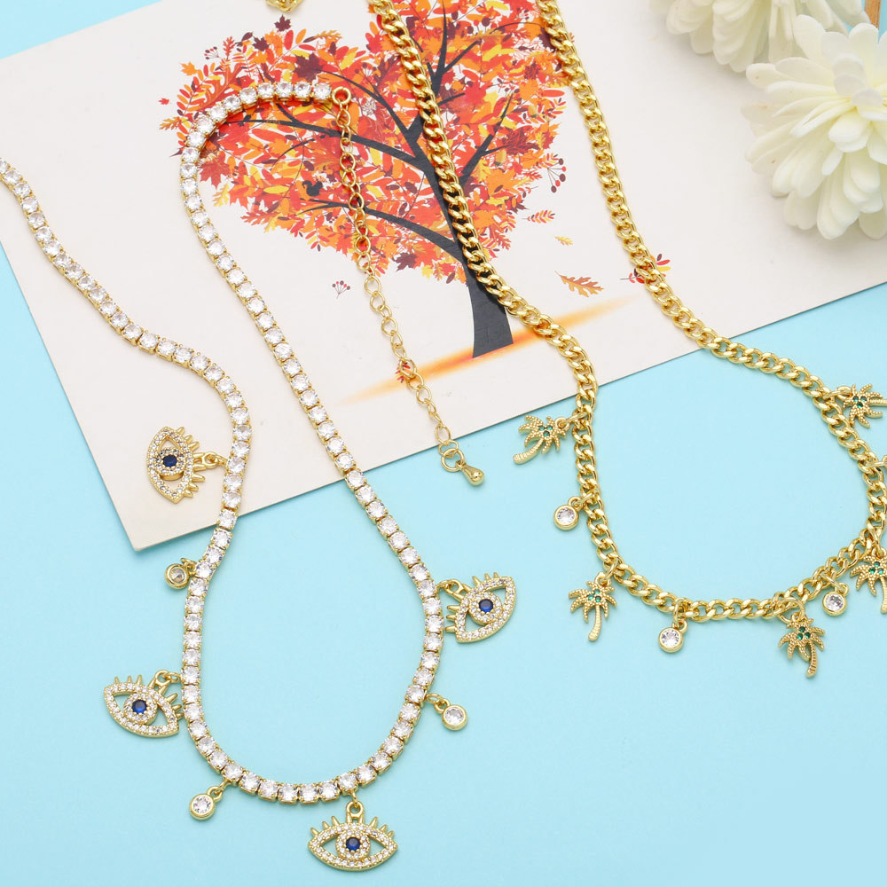 Fashion Devilu0027S Eye Coconut Tree Copper Pendant Necklace Inlay Zircon Copper Necklaces