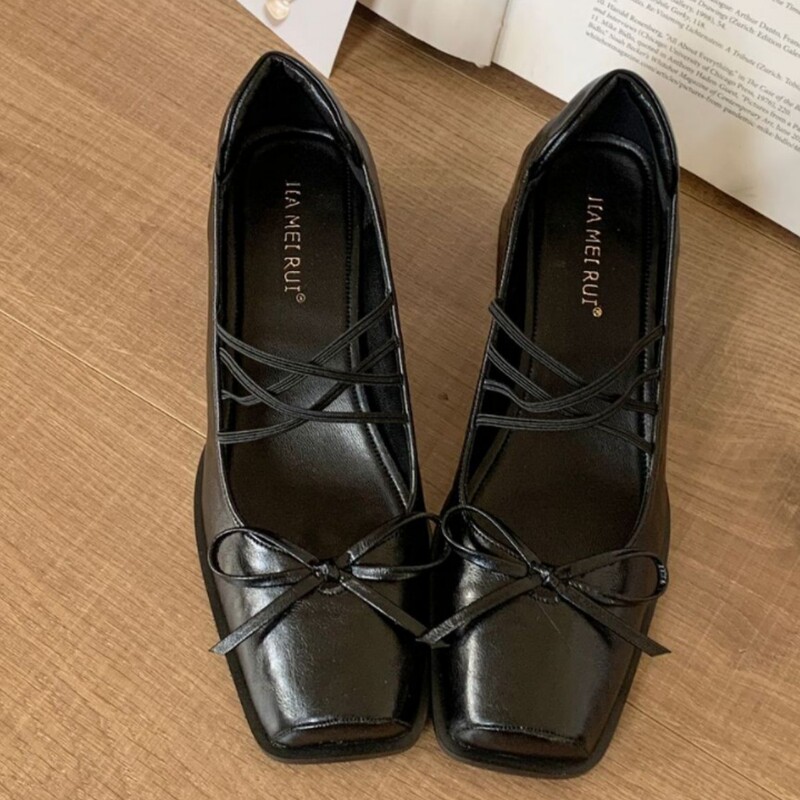 High Heels for Women 2025 New Spring and Autum Thick Heel Pig Mouth Flats French Square Toe Ballet Mary Jane Small Leather Shoes