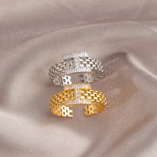 Light luxury and exquisite zircon H letter diamond watch strap ring for women Korean niche versatile high-end index finger ring