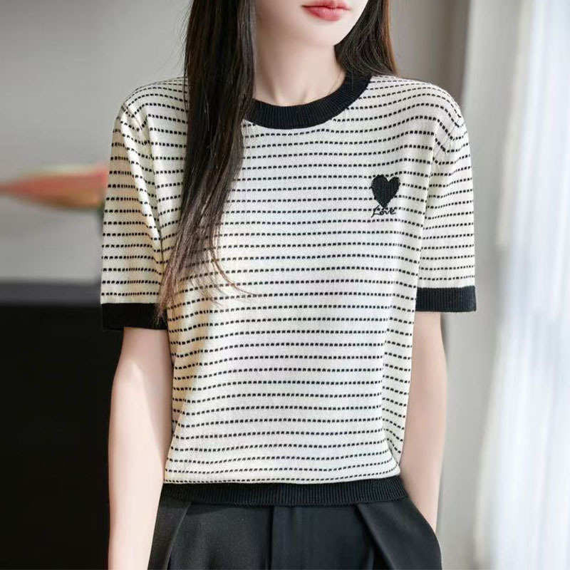 Wholesale 2025 summer new ice silk love round neck sweater short sleeve color matching stripe embroidery bottoming vest