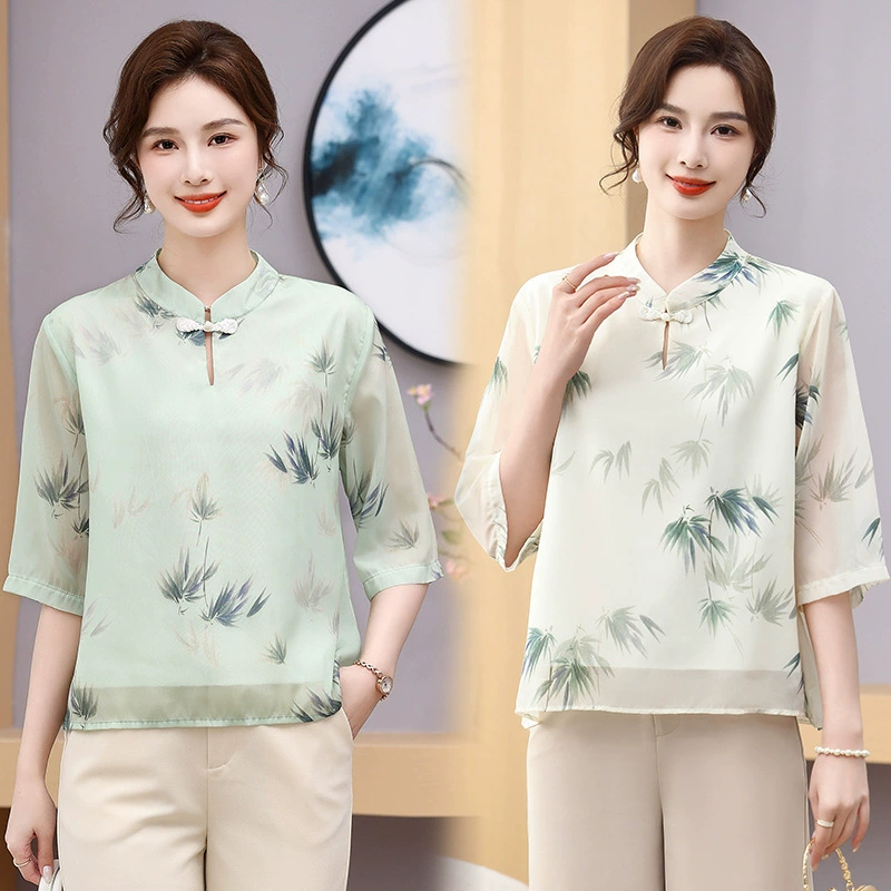 Мама платье 2025 рубашка весна и осень новый средний и пожилой женщины свободный топ для пожилых людей рубашка с принтом моды