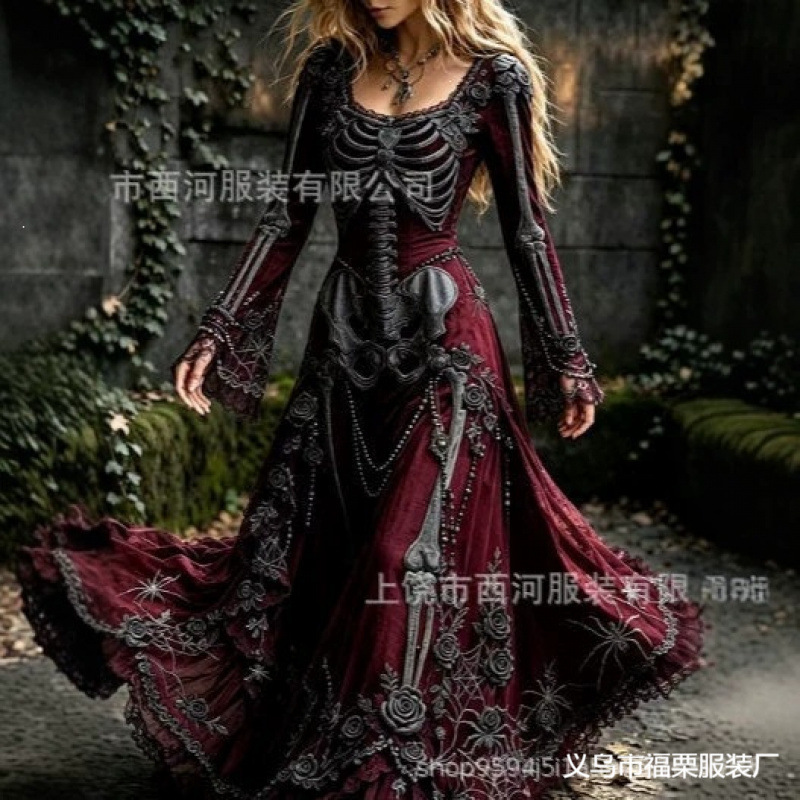 2026 Women's Retro Gothic Skull and Rose Gradient Pattern Dress, Long Halloween Dress with Gradient Design 2026 Women's Retro Gothic Skull and Rose Gradient Pattern Dress, Long Halloween Dress with Gradient Design