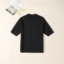 针织修身黑色纯色中袖t恤圆领五分袖毛衣女内搭上衣显瘦慵懒风