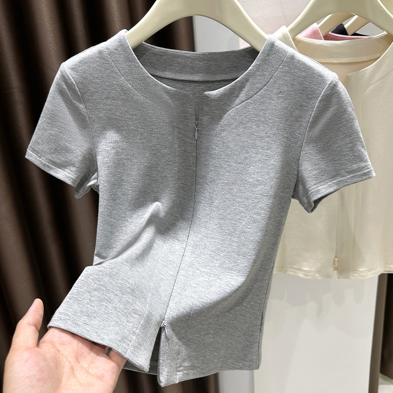 ピンク甘いドーパミンアイスシルクニット半袖 Tシャツ女性の夏 2025 新しいジッパースリットボトリングシャツトップ|undefined