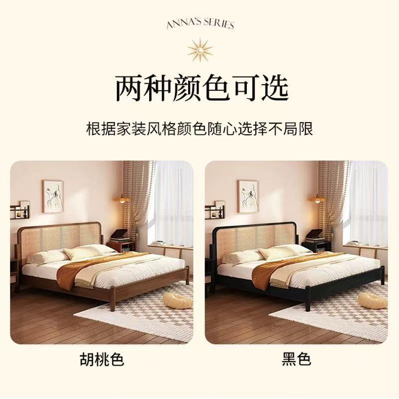 中世スタイル籐無垢材ベッド 1.8m ダブルベッド 1.5 メートル小さなアパートシンプルな和風 B&B わびさびレトロベッド|undefined