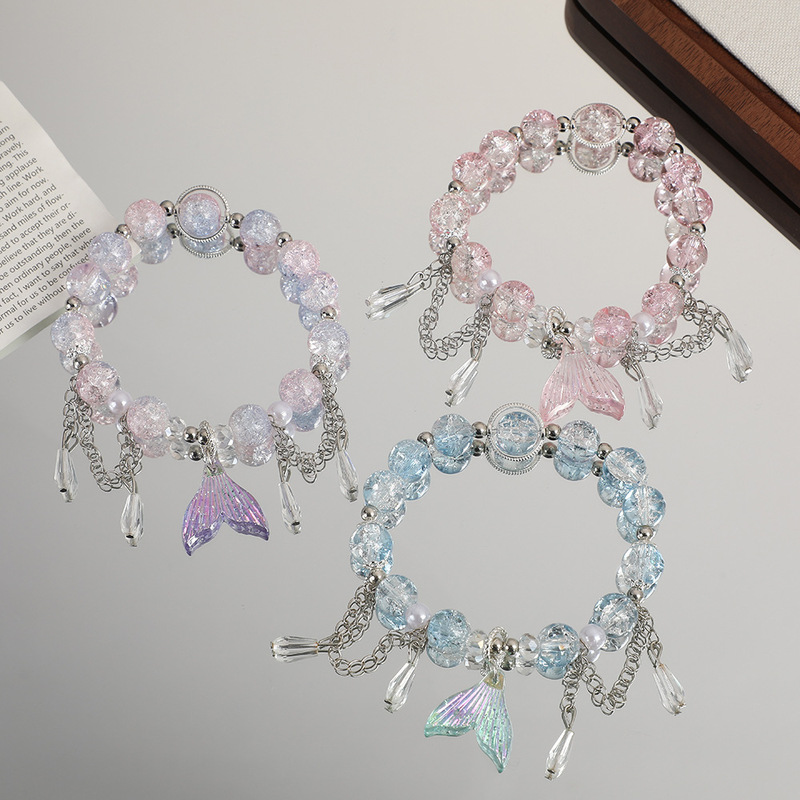 Sweet Fishtail Tassel Bracelet, Light Luxury and High-End Gradient Color Glass Bracelet Design, Couple Bestie Bracelet