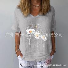 2022夏季亚马逊ebay wish棉麻V领宽松型女式T恤