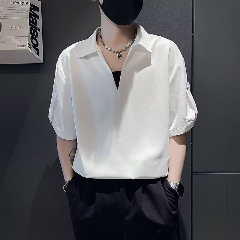 Summer shirt men's short-sleeved polo shirt trendy brand suit fake two-piece shirt men's handsome V-neck T-shirt with five sleeves