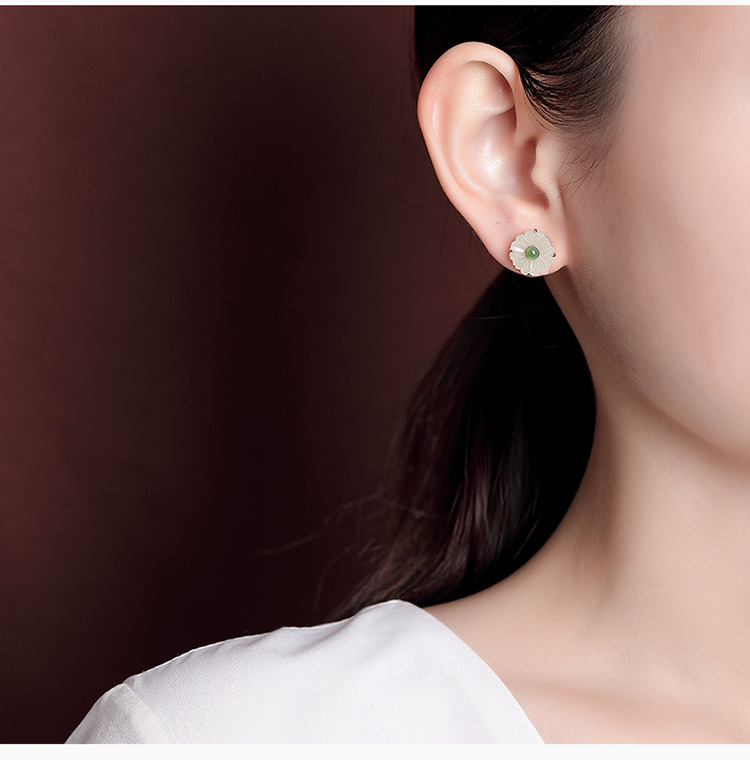 Bông tai bạc S925 mạ vàng đính ngọc bích jasper hình hoa cúc nhỏ thời trang — Kiểu màu bạc chi tiết 10
