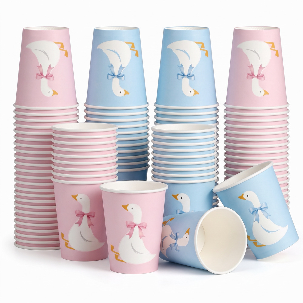Cute big white goose pattern thickened paper cups, pink and blue two-tone adorable party paper cups, farm-themed party supplies
