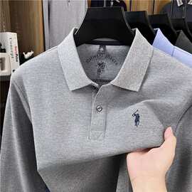 跨境丝光棉刺绣polo衫男2026秋季新款翻领透气纯棉休闲长袖t恤男