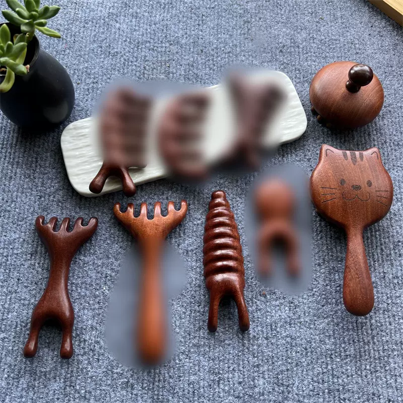 檀木按摩梳鹿角两用耙子五球梳海马小青蛙经络按摩实木梳子鼻刮器