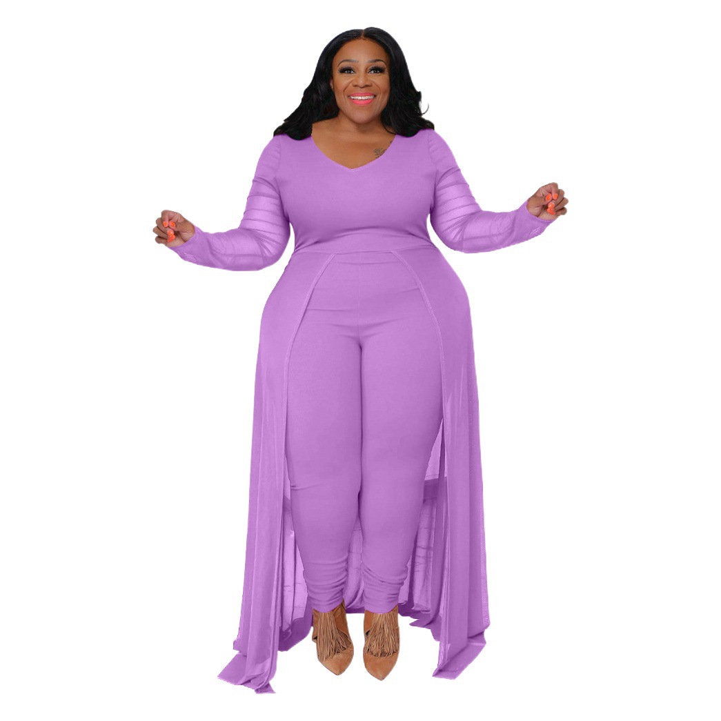 Amazon Nuevo Plus bolsillo manga larga costura stretch jumpsuit mujeres N7970 transfronterizo europeo y americano más tamaño ropa de mujer