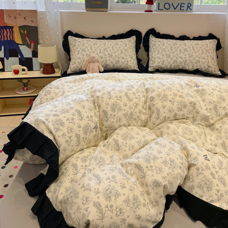 French-Style Romantic Lace Floral Print Pure Cotton Bedding Four-Piece Set, Girly Floral All-Cotton Bed Sheet and Duvet Cover, Wholesale from Manufacturer
