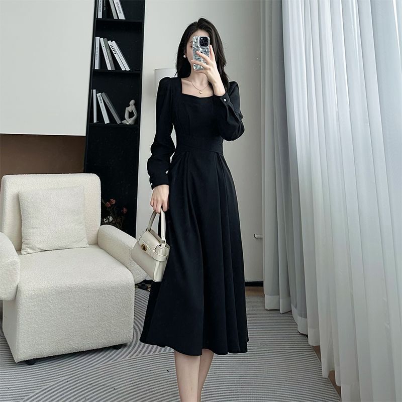 Spring Long-Sleeved Square-Neck Dress for Women, Slimming, Elegant, Waist-Cinching, Belly-Covering, Mid-Length Dress for Formal Occasions Spring Long-Sleeved Square-Neck Dress for Women, Slimming, Elegant, Waist-Cinching, Belly-Covering, Mid-Length Dress for Formal Occasions
