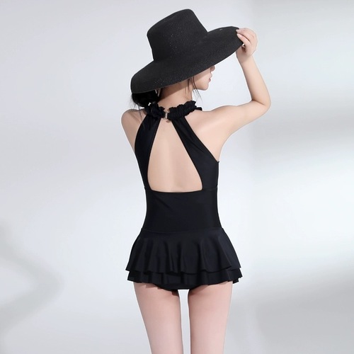 泳衣女新款连体韩系纯欲ins风裙式遮肚显瘦露背纯黑色泡温泉泳装