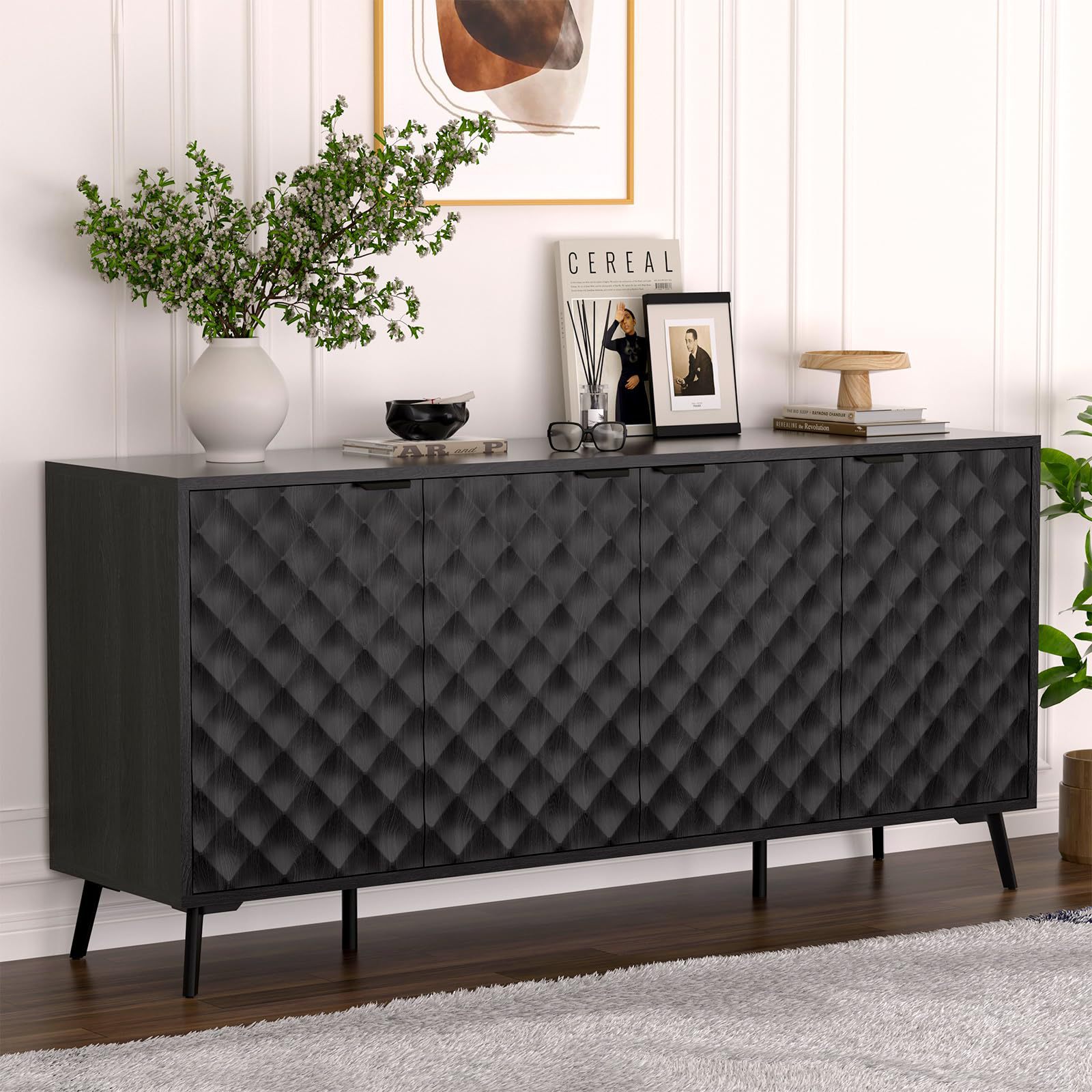 Black High-End Diamond-Shaped Embossed Four-Door Storage Cabinet Sideboard Bedroom Corridor Hotel Living Room Restaurant Light Luxury