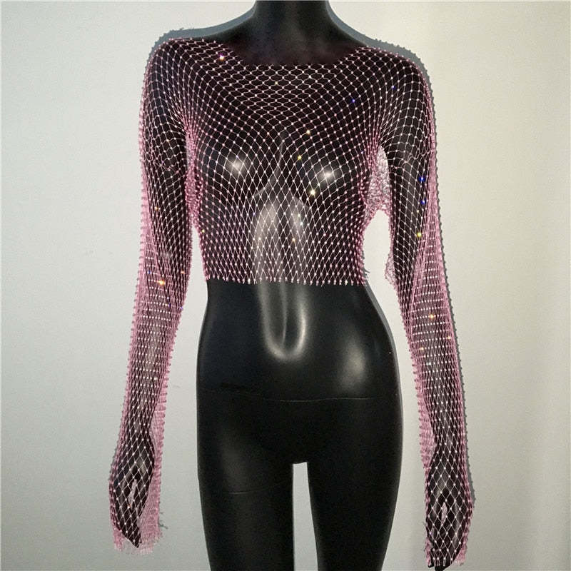 De Europa y América transfronteriza de las mujeres calientes de malla de diamantes de imitación red de pesca de manga larga Sexy Slim rhinestone Top party chica caliente de manga larga