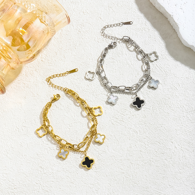 2024 Korean Titanium Steel Bracelet Women's Four-leaf Clover Double-layer Chain High-end Niche Design All-match Color-free Jewelry