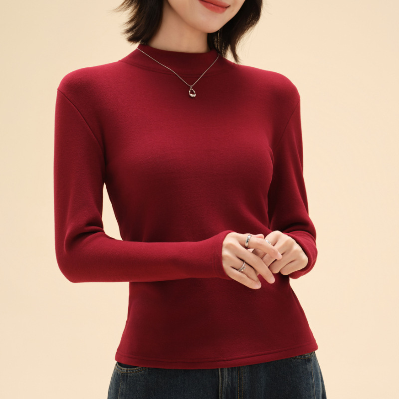 半高领德绒打底衫女士春秋款内搭纯色加绒加厚保暖上衣修身打底衣|undefined