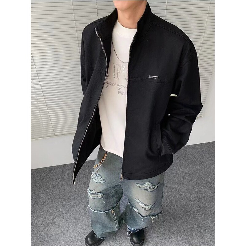 Labeling Stand Collar Jacket Men's Spring and Autum Heavyweight American Handsome Denim Jacket Trendy Brand Cleanfit Work Top