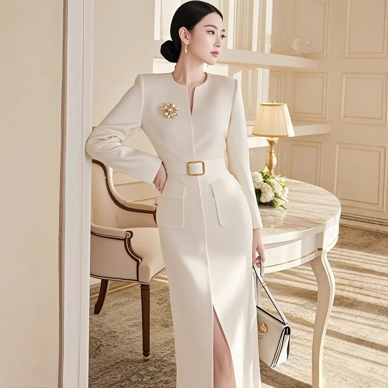 8593 Formal Occasion High-end White Suit dress 2024 Autumn Niche Not Bumping French Waist Dress
