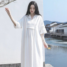 春夏自制暗黑山本风 文艺复古棉麻砂洗大摆连衣裙黑白2色