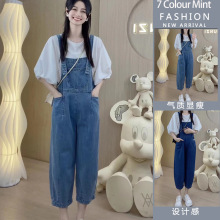 孕妇装 时尚宽松减龄牛仔背带裤连体裤+时尚上衣套装孕妇两件套装