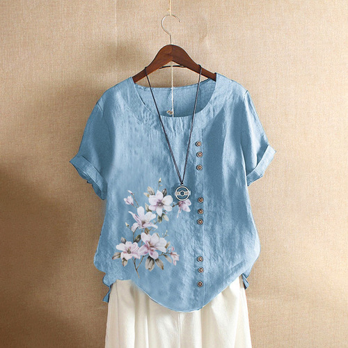 Cotton Linen Women's Summer Autumn Retro Casual Loose Cotton Linen Short Sleeve T-shirt Women's Plus Size AMZ WISH Bestseller