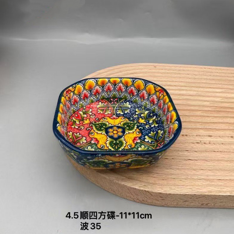 Retro hogar al por mayor cubiertos de cerámica platos de arroz bohemia condimento platos de condimento platos de arroz de color cuadrangular