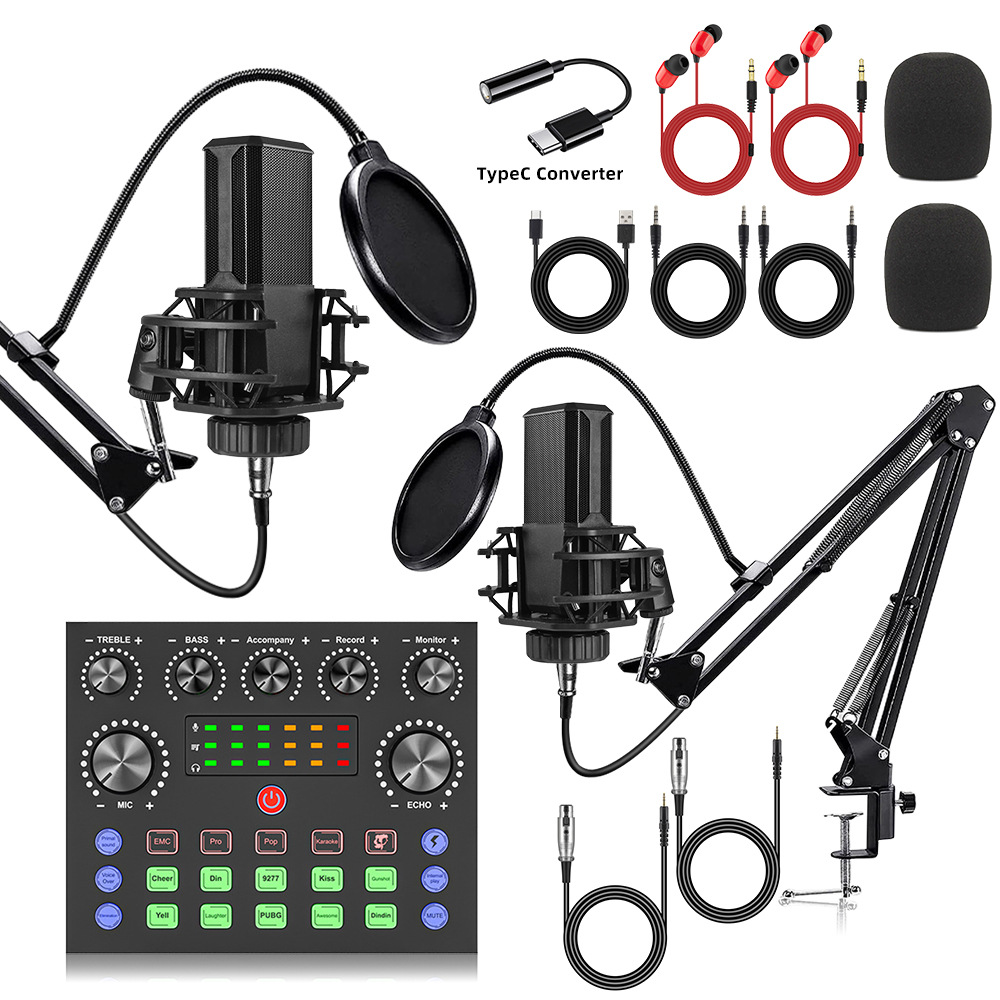 Dual Microphone 240 Condenser Microphone Set English Mobile Phone Sound Card Equipment Live Broadcast Full Set V8S Mobile Phone Computer
