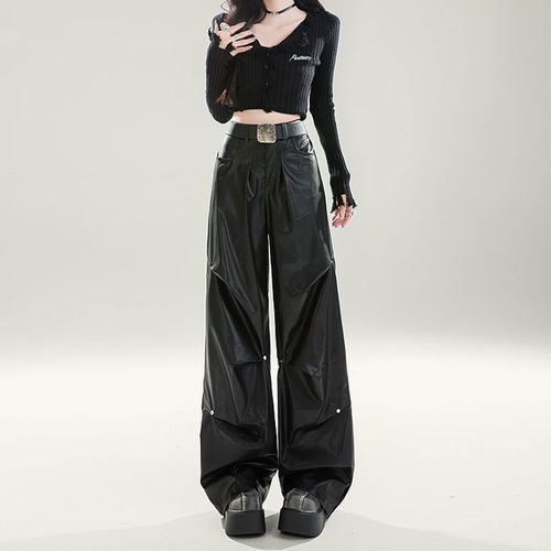 Black High-Waisted Slim Wide Leg Leather Pants for Women, Fashion Design, Unique, Floor-Length Pants for Spring and Autumn 2025