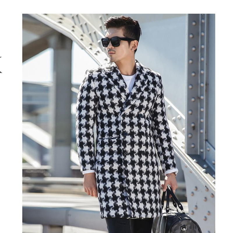 秋冬季毛呢大衣男士中长款宽松韩版呢子风衣千鸟格子外套|ru