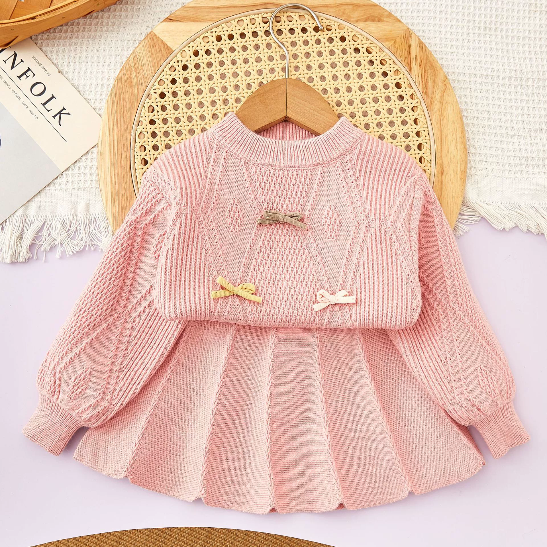 Autumn sweater with bow, knitted long-sleeve, set