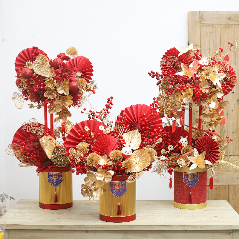 wholesale Lunar New Year flower Ruyi Gilt Floral barrel Spring Festival decorate Hug simulation golden leaf Accessories