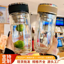 双层隔热玻璃水杯大容量鹅蛋杯带盖茶水分离泡茶上午车载玻璃水杯