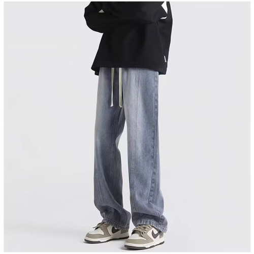 Vintage drawstring relaxed waist jeans for men, loose large size oversize pants, high street straight-leg wide-leg pants