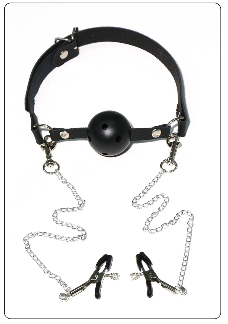 SM Mouth Gag and Nipple Clamp Set in Black Leather and Metal for Adult Bondage Play — detail image 15