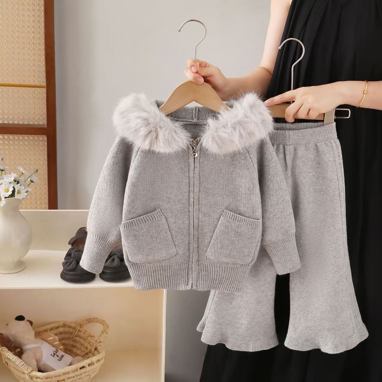 Children's sweater, demi-season set, cardigan with hood, solid color T-shirt, loose fit 3